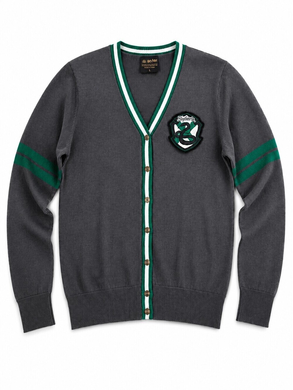 Harry Potter Slytherin Cardigan Sweater Gray Green Button Front Crest Size L